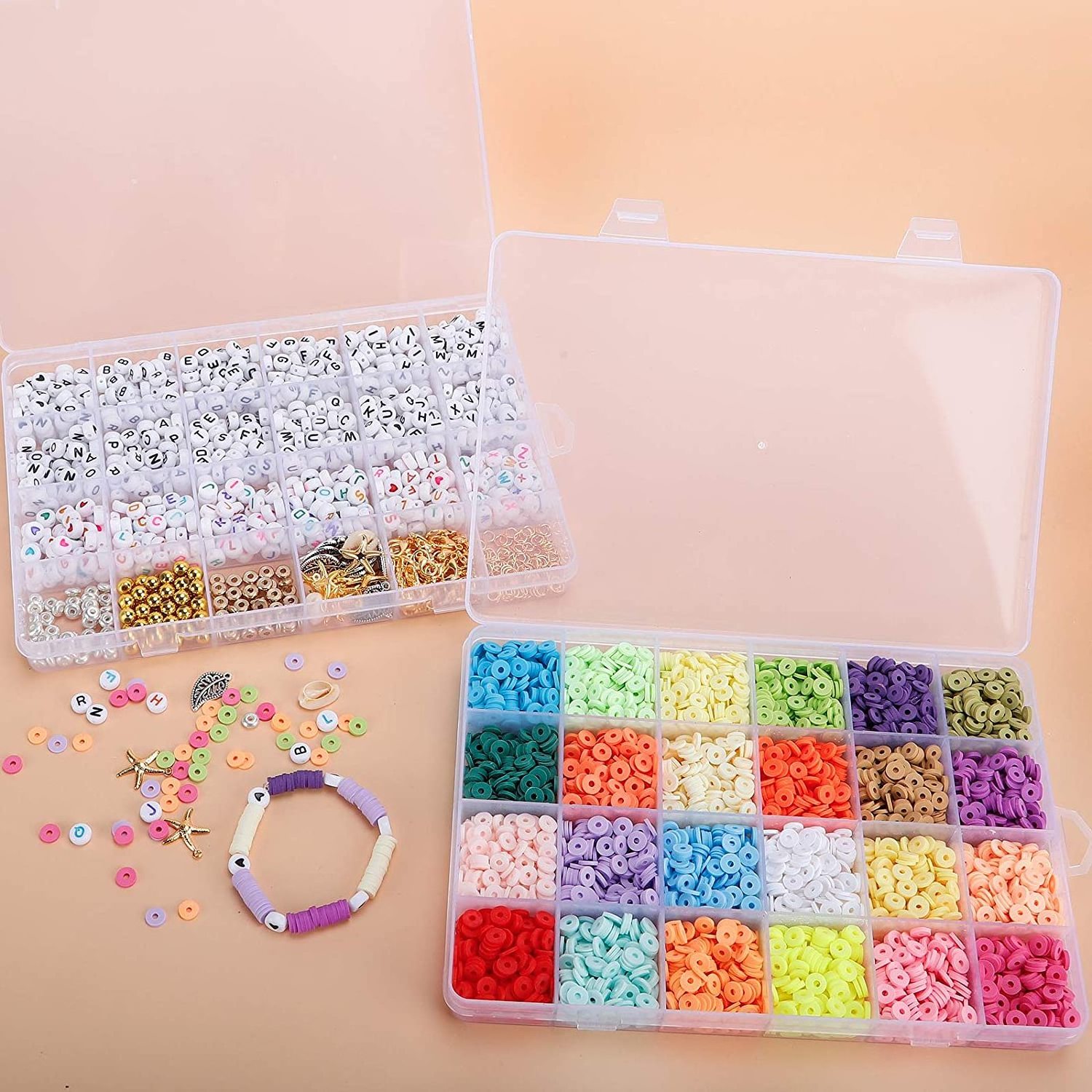 6000 Pcs Clay Heishi Beads for Bracelets Flat Round Clay Spacer Beads with 900 Pcs Letter Beads Pendants Jump Rings Clay