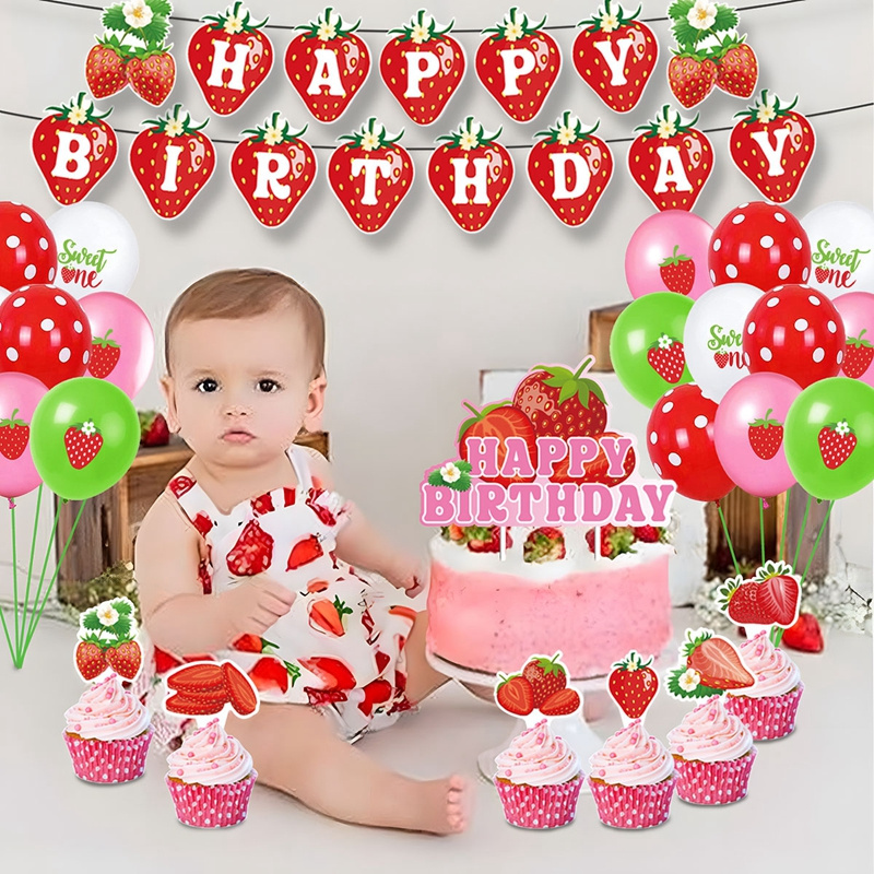 Strawberry Decoration Set Party Supplies Inflatable Strawberry Balloons Arch Banner Cupcake Topper Birthday Party Decoration Set