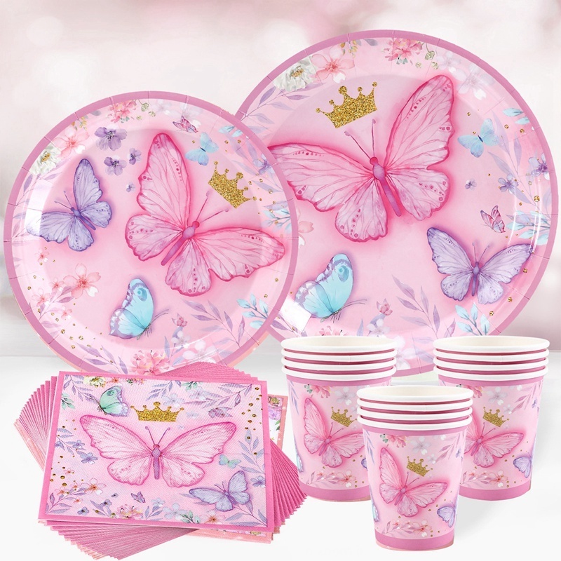 Pink Butterfly  Disposable Paper Plates Gold Crown Butterfly Disposable Tableware Set For Birthday Theme Party Decoration