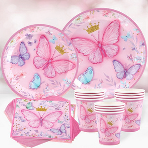 Pink Butterfly  Disposable Paper Plates Gold Crown Butterfly Disposable Tableware Set For Birthday Theme Party Decoration