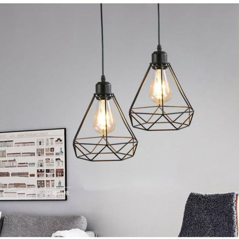 Hanging Pendant cage Lighting Fixtures Industrial Vintage Farmhouse Style Polygon Wire Pendant Light For Kitchen