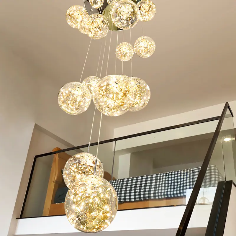 Modern Rotating Lamp Large Hall Light Long Chandelier Duplex Full Sky Star Stair Leaf Chandelier Long Linear Pendant Light