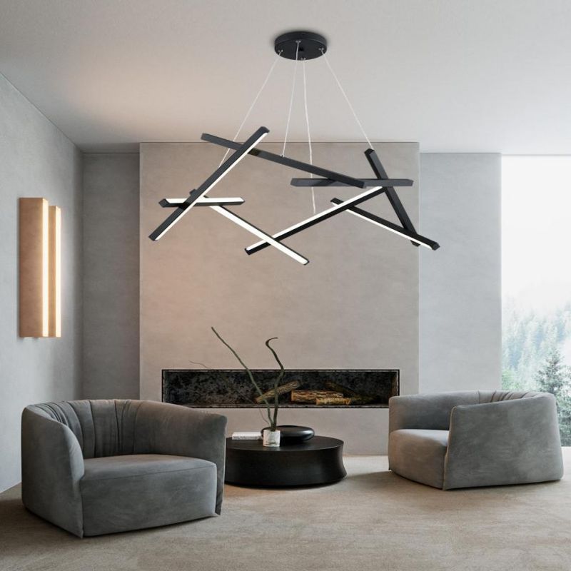 Simple design black tube pipe led linear pendant light nordic minimalist chandeliers for high ceiling house staircase villa