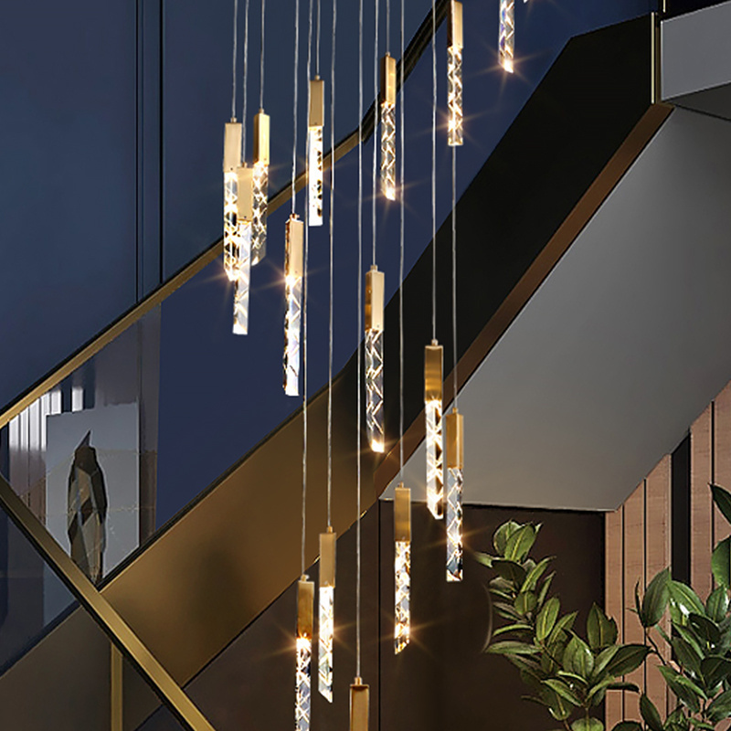 Hotel Home Indoor Crystal Staircase Chandelier Modern Hanging Lights Pendant Frosted Glass Pendant Lighting