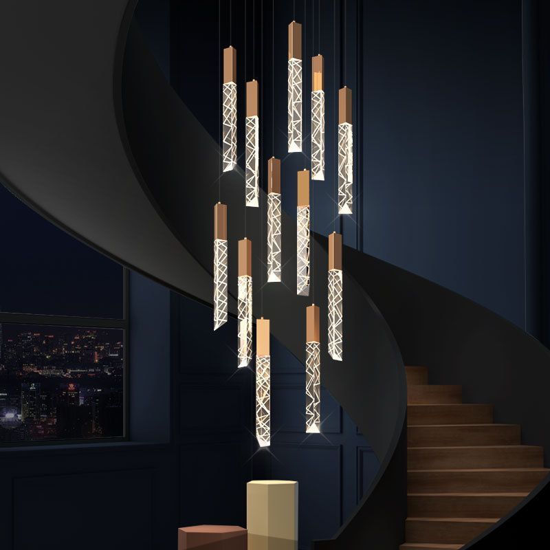 Hotel Home Indoor Crystal Staircase Chandelier Modern Hanging Lights Pendant Frosted Glass Pendant Lighting