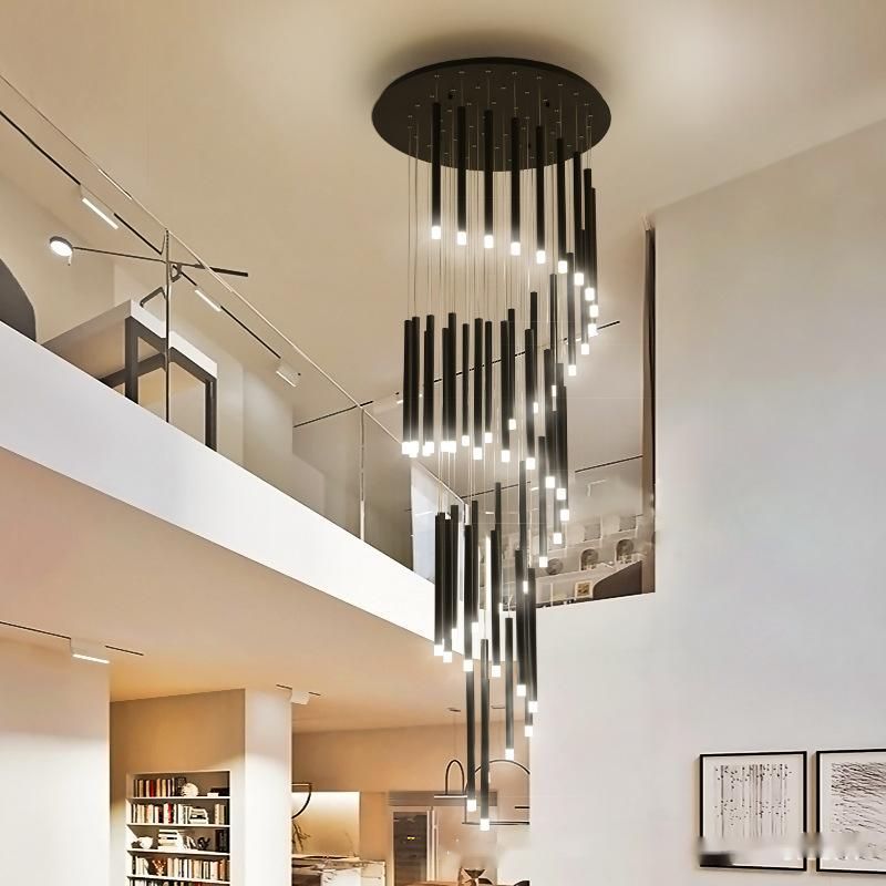 Modern simple LED Hanging Lamp high chandelier acrylic black tube ceiling Pendant Light for stair living room staircase lamp