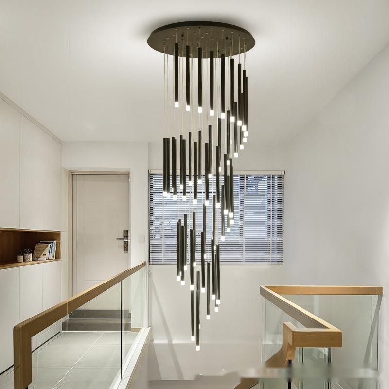 Modern simple LED Hanging Lamp high chandelier acrylic black tube ceiling Pendant Light for stair living room staircase lamp