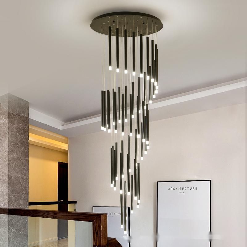 Modern simple LED Hanging Lamp high chandelier acrylic black tube ceiling Pendant Light for stair living room staircase lamp