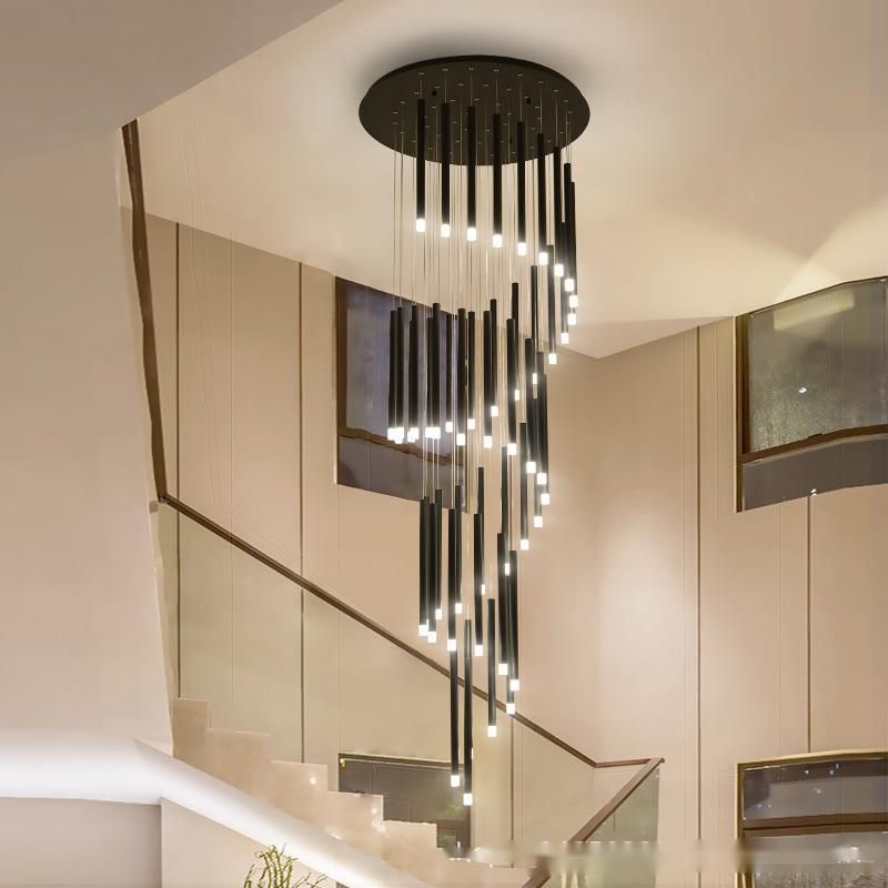 Modern simple LED Hanging Lamp high chandelier acrylic black tube ceiling Pendant Light for stair living room staircase lamp