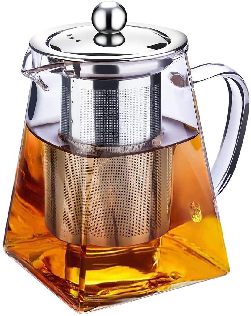 Clear Glass Teapot with Infuser Tea Strainer Pot Stainless Steel in Square Shape Tea Pot with Infusers for Loose Tea and Coffee