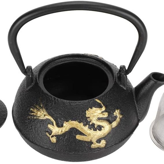 Tea Kettle Stovetop, Cast Iron Teapot with Infuser for Loose Leaf Gold Dragon Pattern Desktop