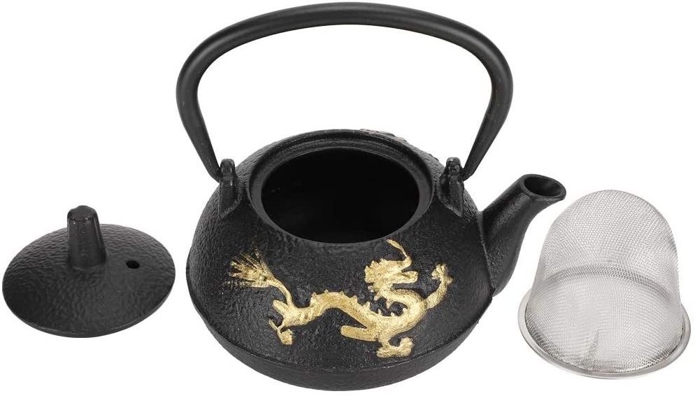 Tea Kettle Stovetop, Cast Iron Teapot with Infuser for Loose Leaf Gold Dragon Pattern Desktop