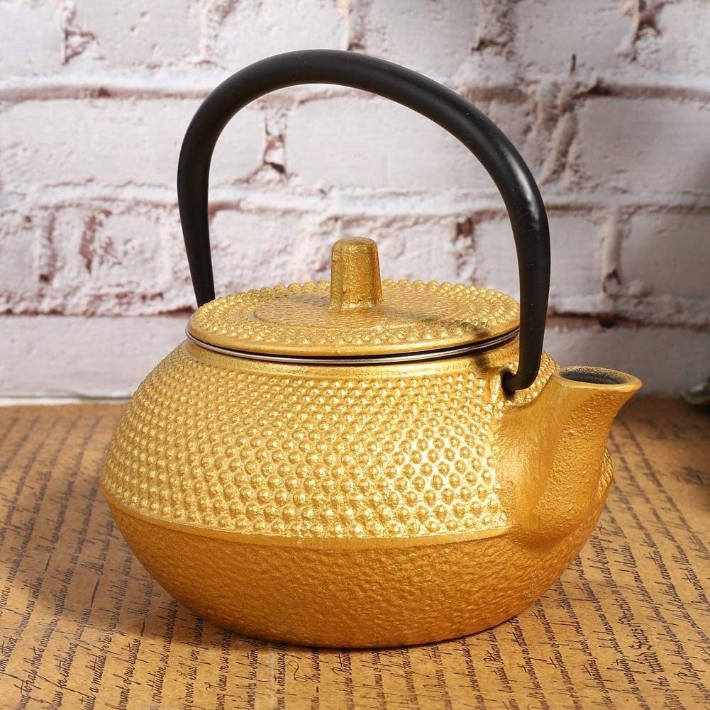 Gold Cast Iron Tea Kettle, Japanese Cast Iron Teapot with Stainless Steel Infuser for Loose Leaf Tea