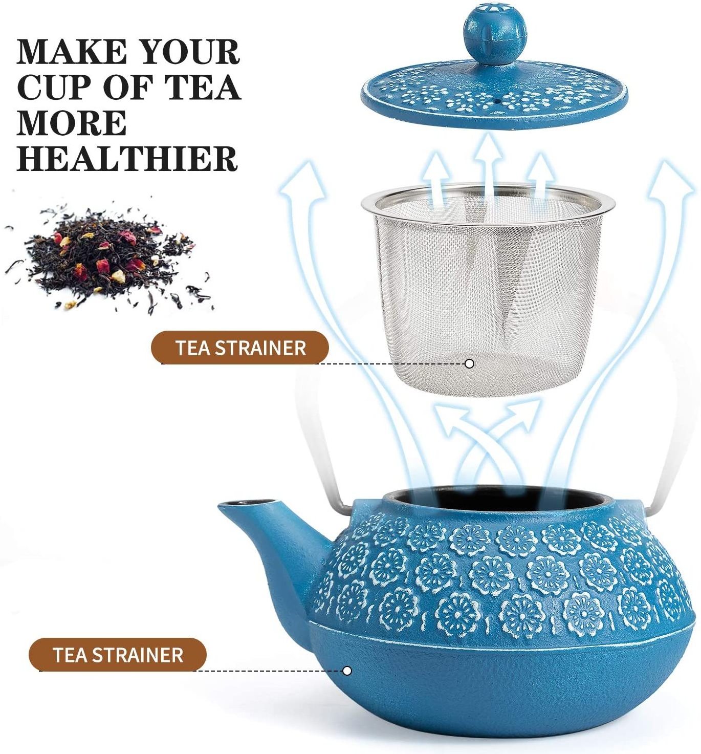 Cast Iron Teapot, Tetsubin Japanese Tea Kettle (900ml, Dark Blue)