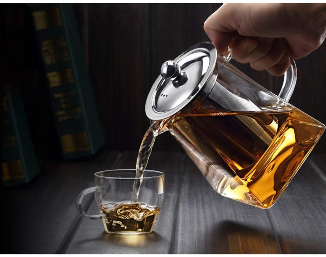 Clear Glass Teapot with Infuser Tea Strainer Pot Stainless Steel in Square Shape Tea Pot with Infusers for Loose Tea and Coffee