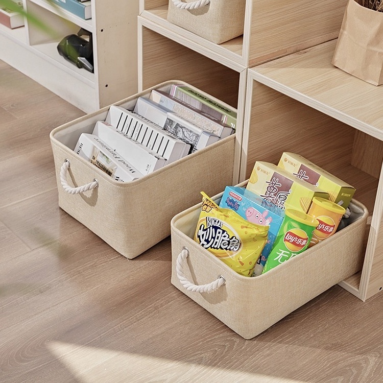 Folding portable fabric storage bins with handles organizing foldable storage baskets for shelves