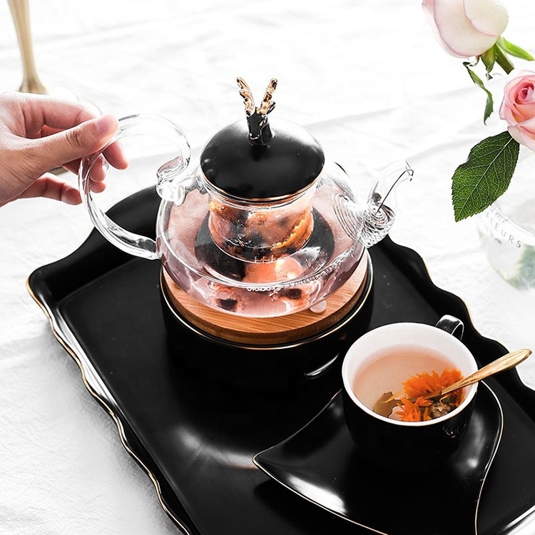 Modern black gift box luxury porcelain cup saucer heating base sets ceramic tea set with glass teapot