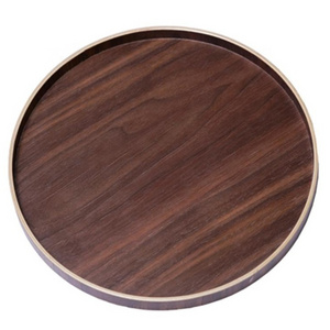 Wooden tray high quality natural round shape black walnut wood serving tray for hotel