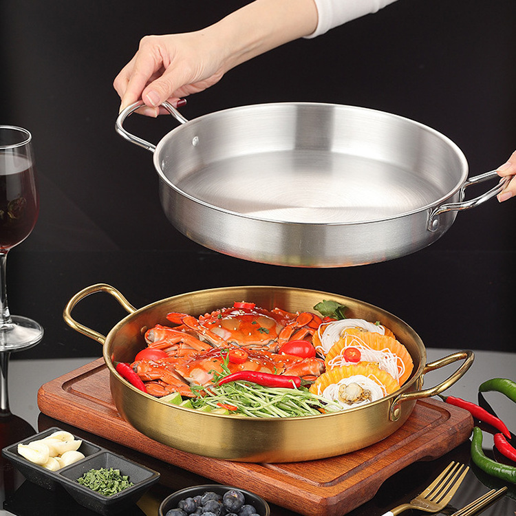 Flat bottom seafood plate cooking pan stainless steel double ear paella pans