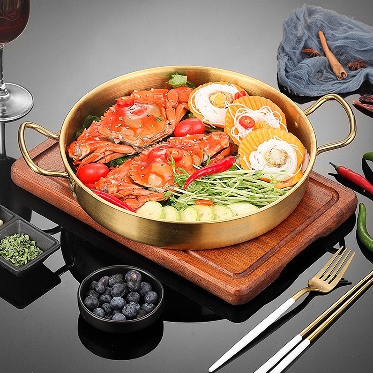 Flat bottom seafood plate cooking pan stainless steel double ear paella pans