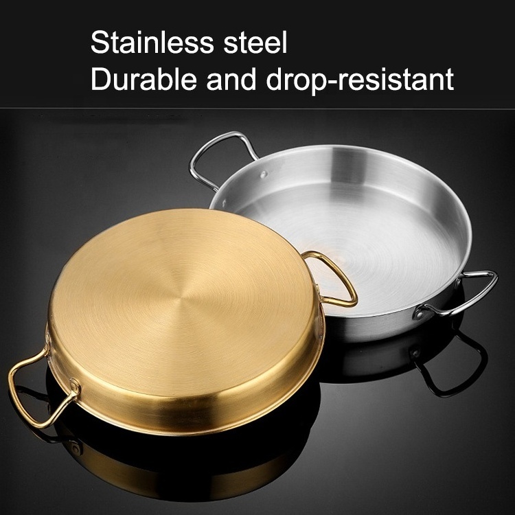 Flat bottom seafood plate cooking pan stainless steel double ear paella pans