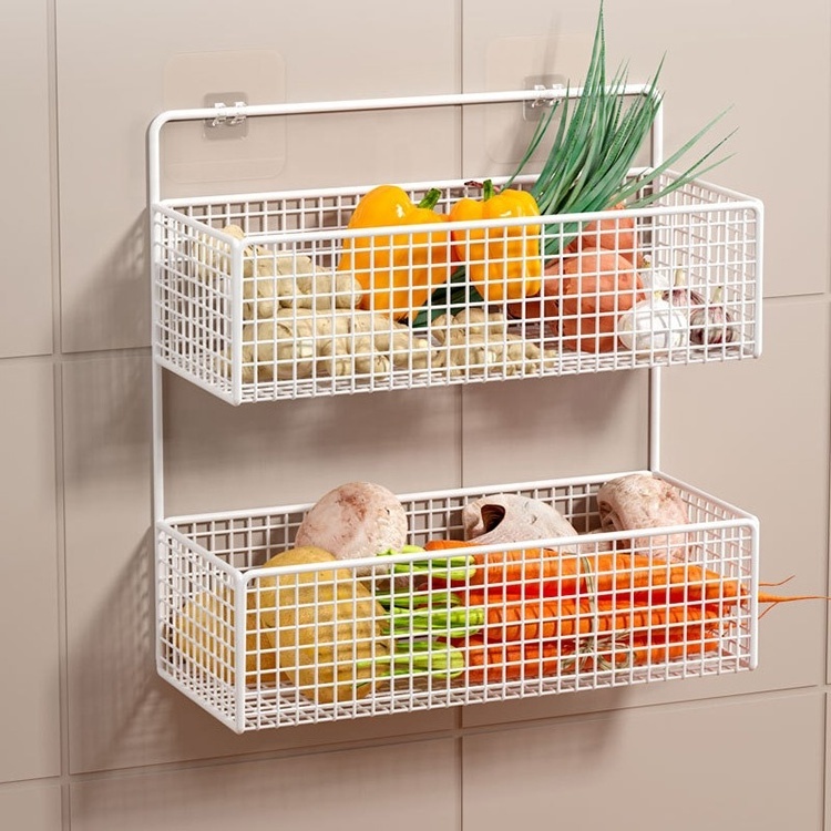 Kitchen shelf with hooks wall mount storage mesh bin rack metal hanging wire basket for storage