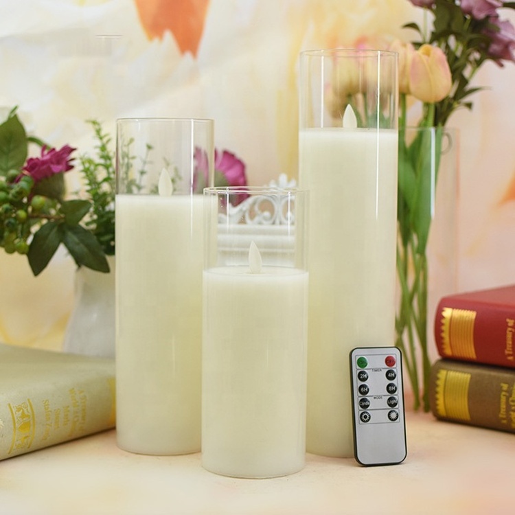 Flameless pillar candle in glass jar wedding home decoration white glass led pillar candles