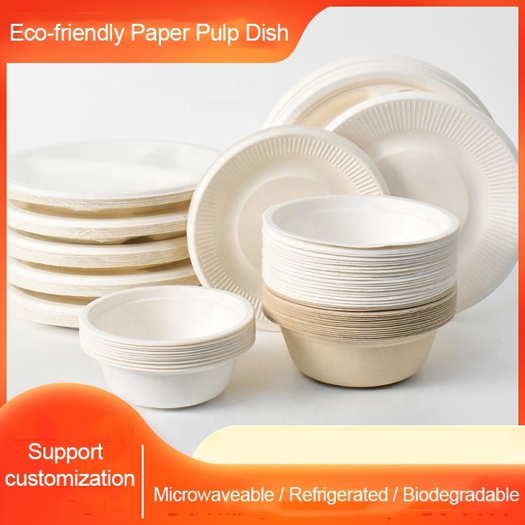 Food grade wholesale custom pulp paper white natural color compostable biodegradable disposable plates bowls