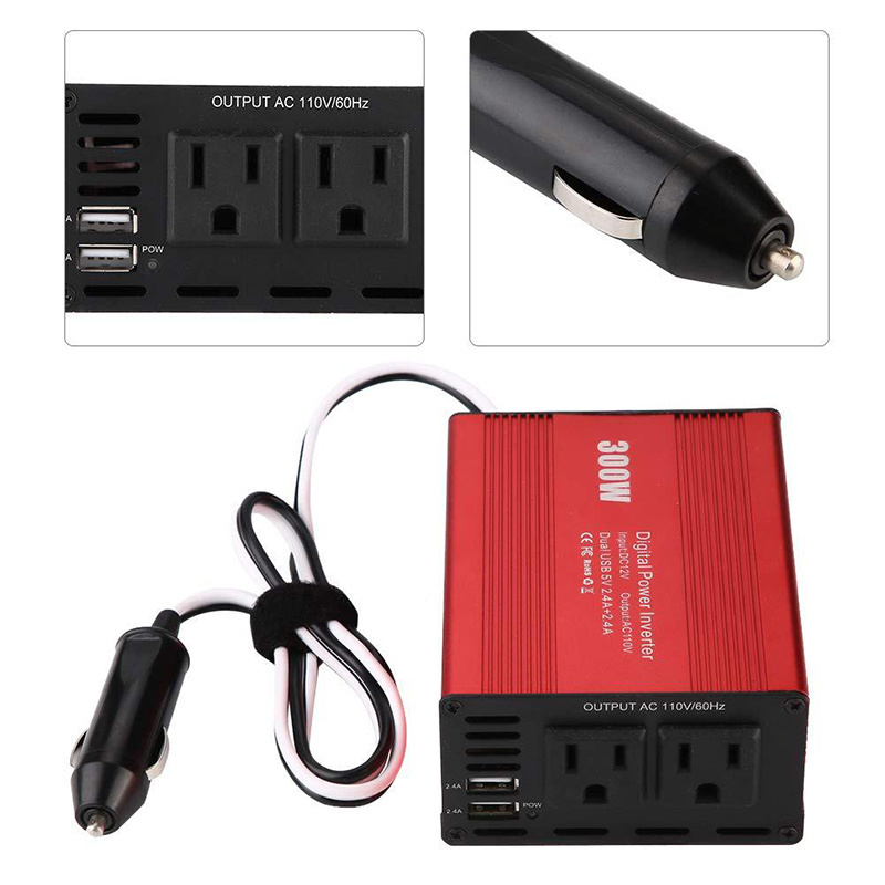 Cigar Lighter DC12V to AC 100V 110V 220V 230V AC Outlet USB 5V2.4A Power Converter 300Watt Modified Sine Wave Car Power Inverter