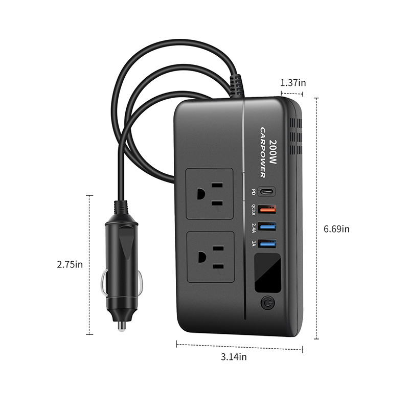 Digital Display Inversor de Corriente DC 12V to AC 220V 110V Car Power Inverter 200W PD 30W USB-C QC 3.0 18W Outlet Cigar Jack