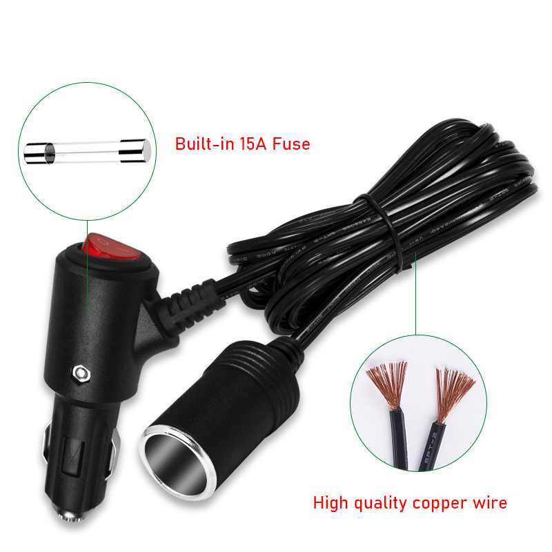 Universal 15A High Current Car Cigarette Lighter Extension Cable Built in Fuse With LED Switch 12V 24V