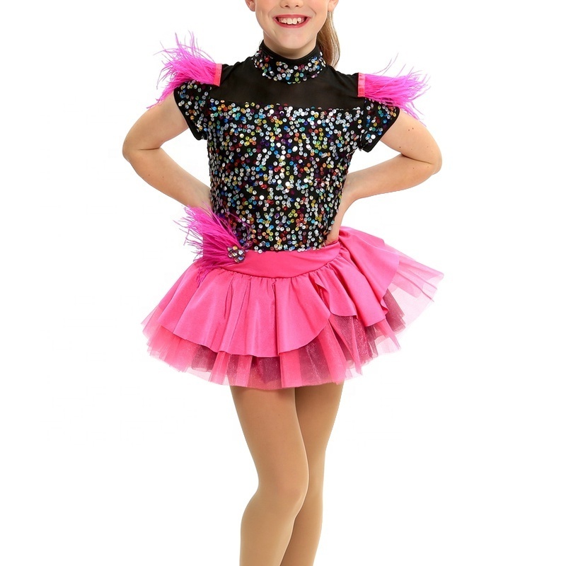 High Qualtity Children Costume Jazz Dance Dress Girls Competition Performance Clothes Wear for Kids Accents with Ostrich Feather