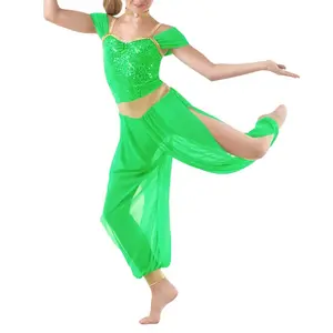 MiDee Classical Dance Dress for Girl Women Indian Jumpsuit Sequin Mactcing Split Mesh Pants Contemporary Stage Dance Costumes