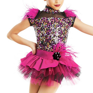 High Qualtity Children Costume Jazz Dance Dress Girls Competition Performance Clothes Wear for Kids Accents with Ostrich Feather