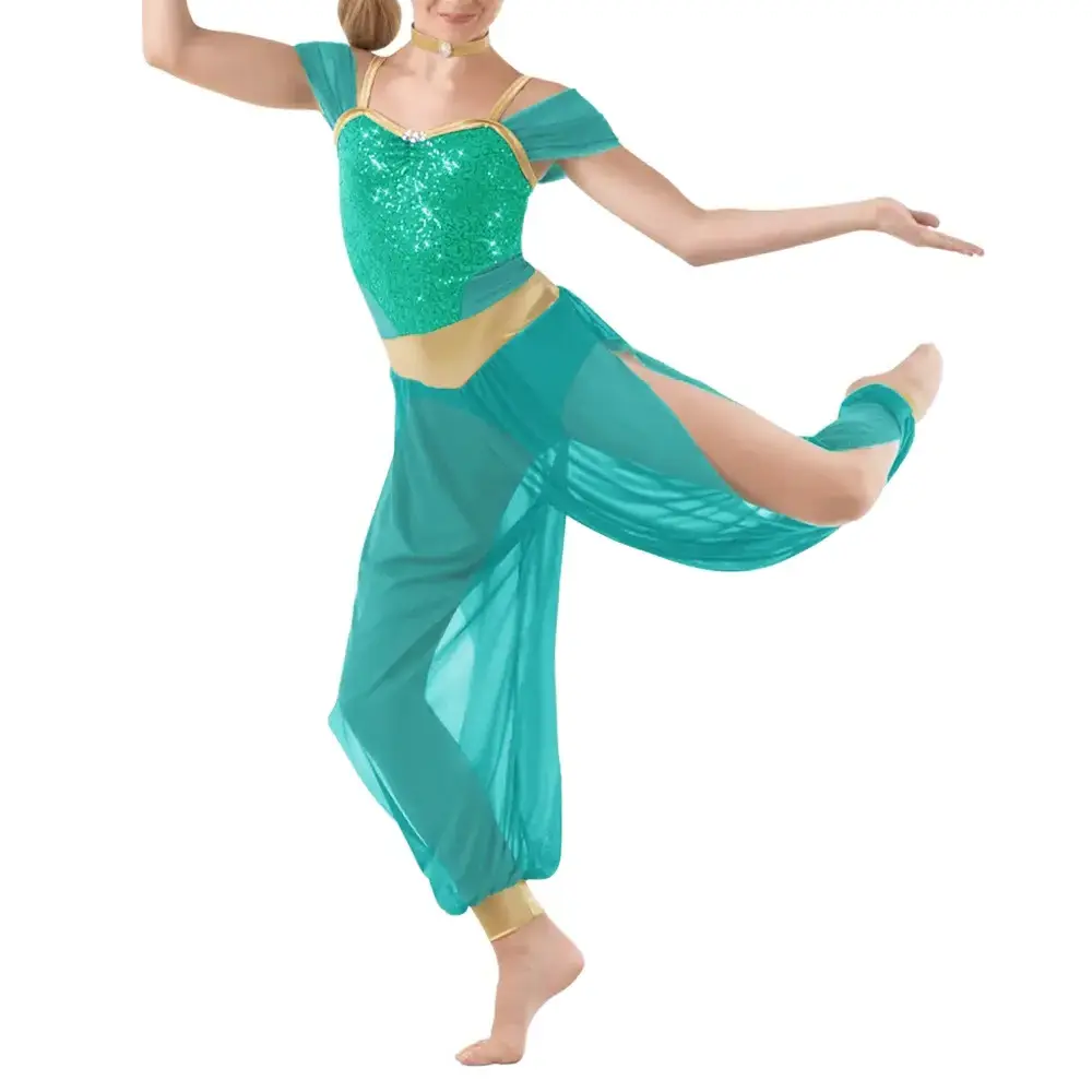 MiDee Classical Dance Dress for Girl Women Indian Jumpsuit Sequin Mactcing Split Mesh Pants Contemporary Stage Dance Costumes