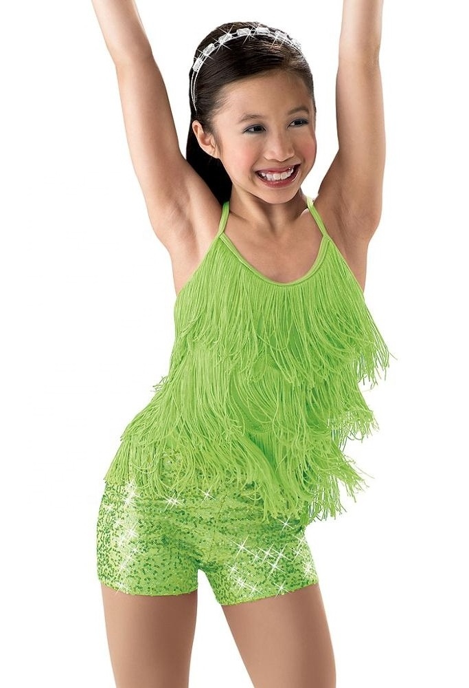 MiDee Cheerful Children Girl Dance Dress Stage Costumes Fringe Top Sequins Shorts Dance Wear