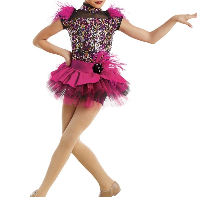 High Qualtity Children Costume Jazz Dance Dress Girls Competition Performance Clothes Wear for Kids Accents with Ostrich Feather