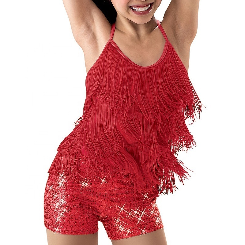 MiDee Cheerful Children Girl Dance Dress Stage Costumes Fringe Top Sequins Shorts Dance Wear