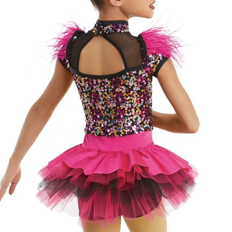 High Qualtity Children Costume Jazz Dance Dress Girls Competition Performance Clothes Wear for Kids Accents with Ostrich Feather