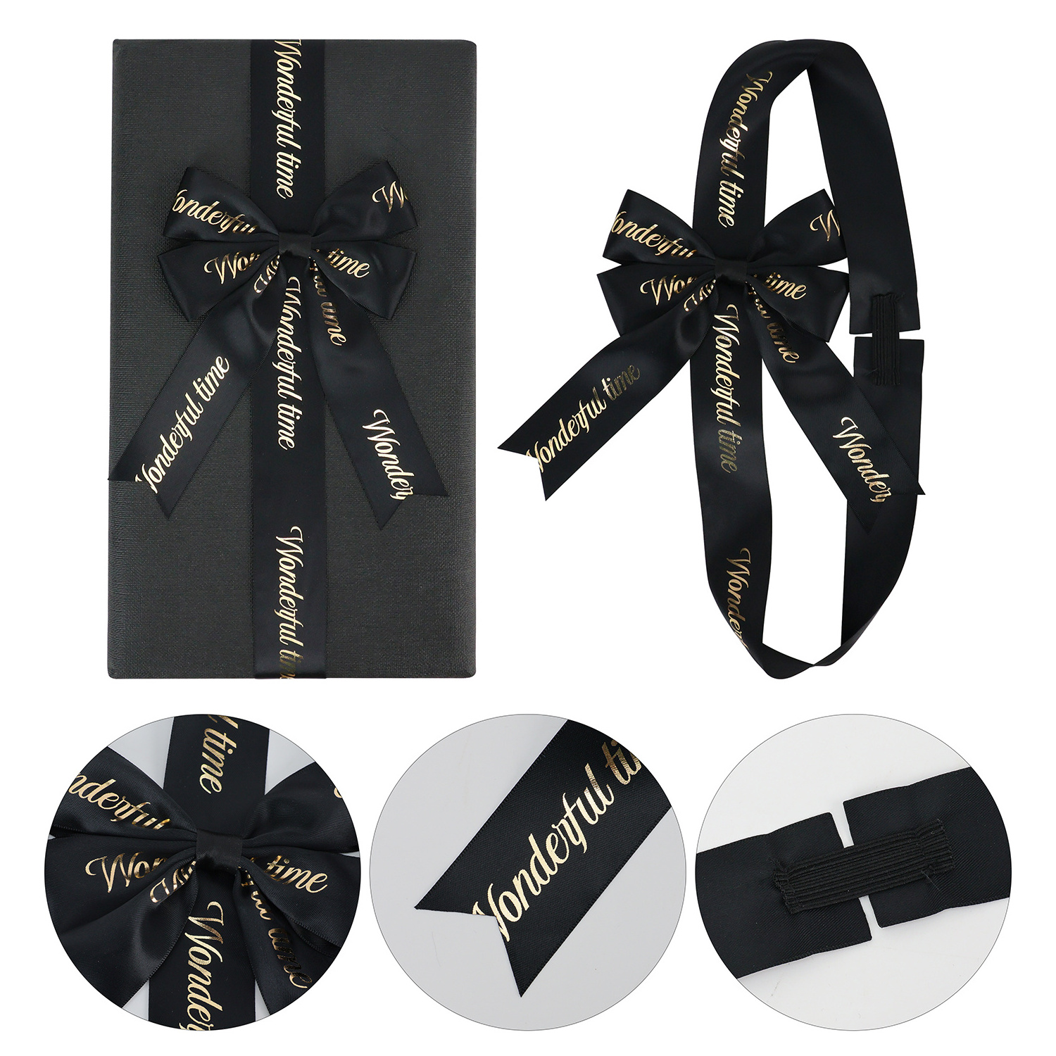 High Quality Custom Printed Box Decoration Pre-tied Elastic Satin Black Ribbon Bow with Logo For Gift Box