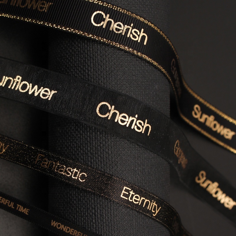 Midi Factory High Quality Customised Brand Name Ribbons 3d Gold Foil Printed Satin Grosgrain Custom Gift Ribbon With Logo