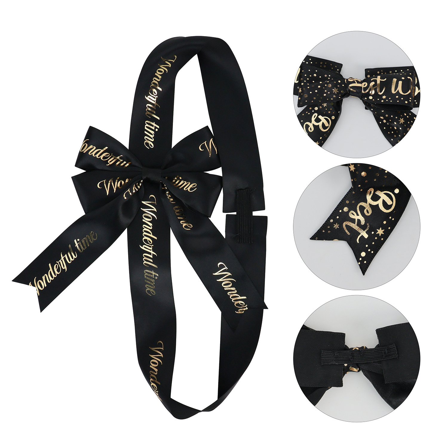 High Quality Custom Printed Box Decoration Pre-tied Elastic Satin Black Ribbon Bow with Logo For Gift Box