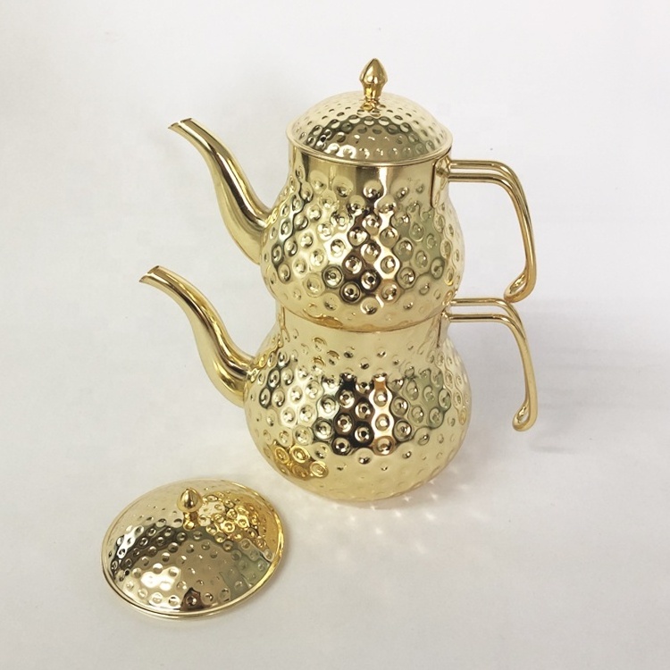 2 Layer Tea Kettle Gold Hammered Stainless Steel Tea Milk Coffee Pot Induction Turkish 2 in 1 Teapot