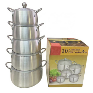 10 pieces Aluminum Cookware Set Africa Cooking Pots Brushed Stainless Steel Large Stew Pot