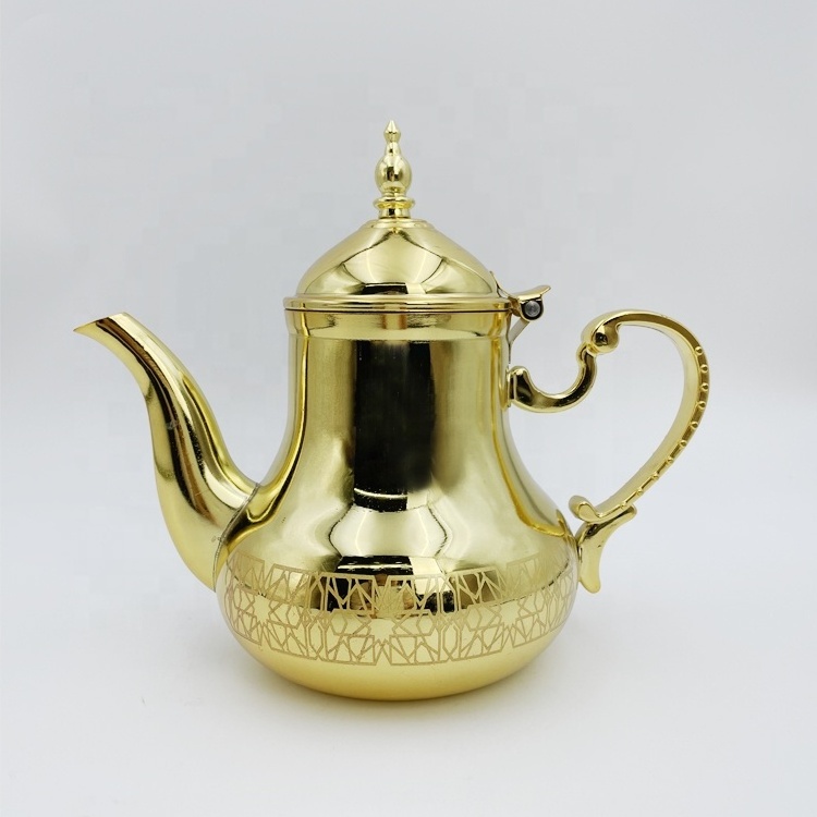 New Gold Colored Teapot Set Metal Tea Kettle No Rust Stainless Steel Tea Pot Induction Marco Theiere With Pattern