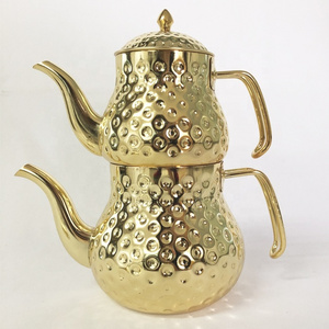 2 Layer Tea Kettle Gold Hammered Stainless Steel Tea Milk Coffee Pot Induction Turkish 2 in 1 Teapot