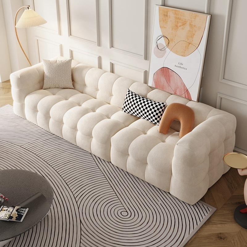 Overstuffed Plush Deep Seat Bouncy Puffy Couch Cream White Teddy Boucle Sofa Mario Bellini Sofa