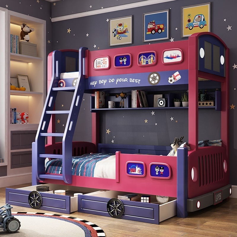 MIDOSO Modern School Home Hotel Hostel Use Furniture Cartoon Car Bunk Beds Teenagers Bedroom Furniture with Storage for Kids