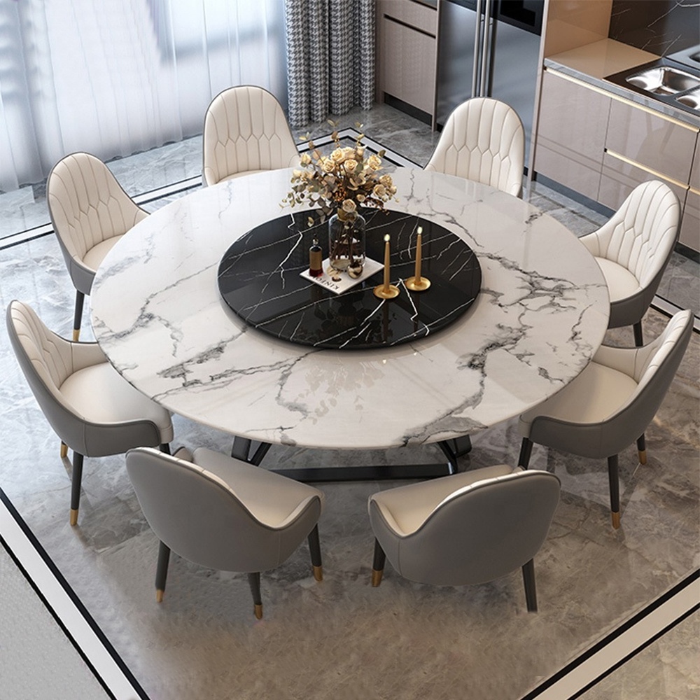 Italian light luxury slate carbon steel round marble dining table and chair set 1.8m dining table for restaurant furniture