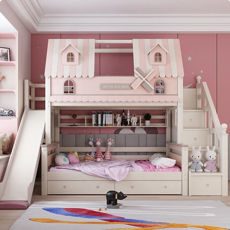 Newury Modern Bedroom Furniture Children Bed Wood Storage Bunk Bed Carton Box Bedroom Sets Small Bed for Kids Solid for Girls